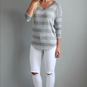 Light Grey and White Striped Dolman Knit Top